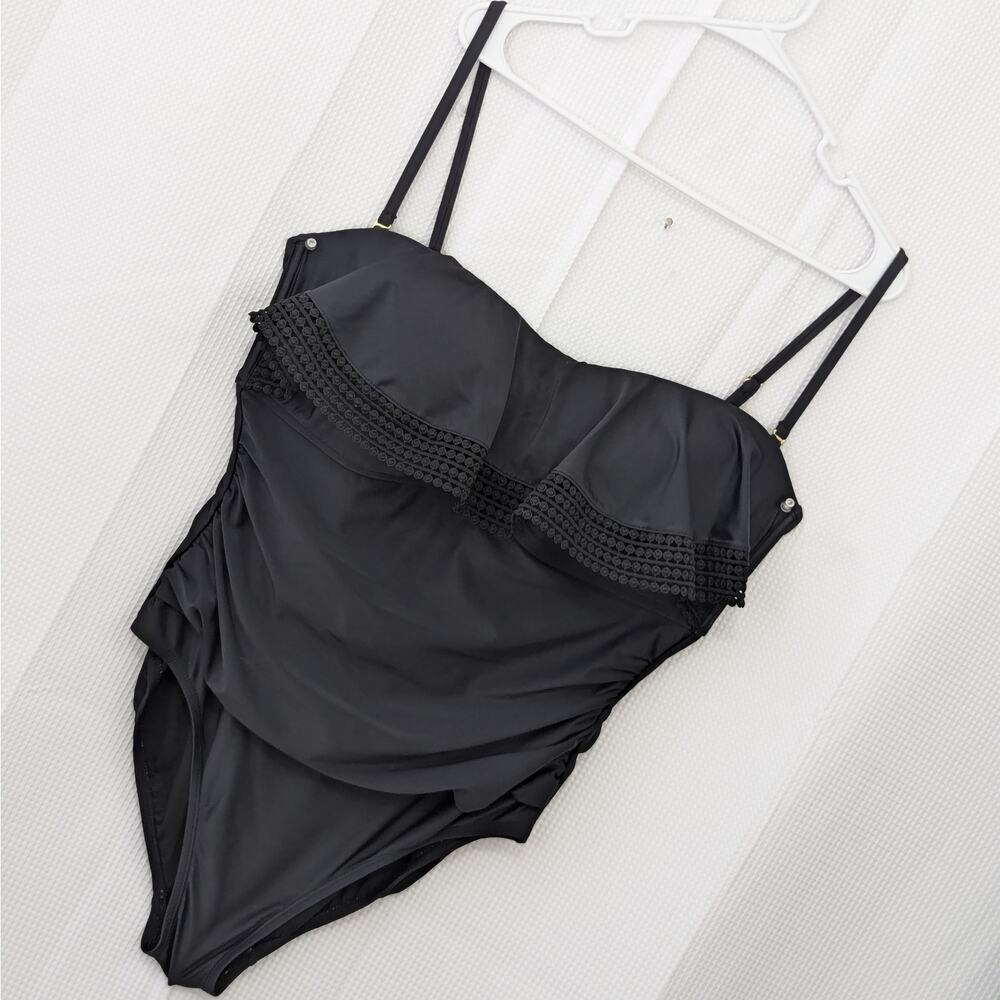 KONA SOL! SWEET EYELET RUFFLED BUST, SHIRRED SIDES, BLACK SWIMSUIT! SZ XL